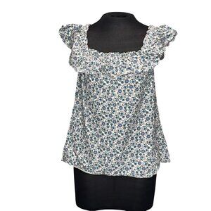 Loft Womens Floral Ruffle Sleeve Linen Blend Top Size S